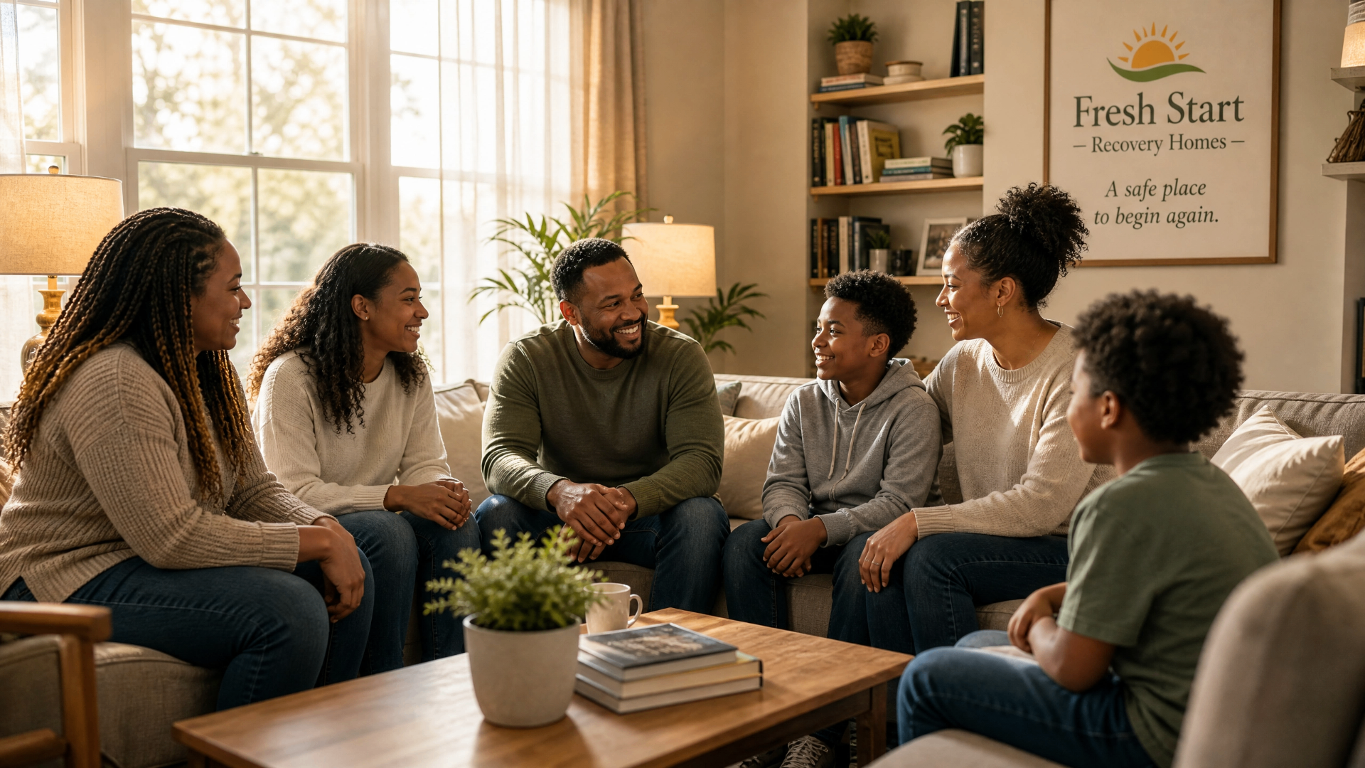 A diverse group of adults and children sitting together in a bright, welcoming living room with a Fresh Start Recovery Homes sign on the wall.