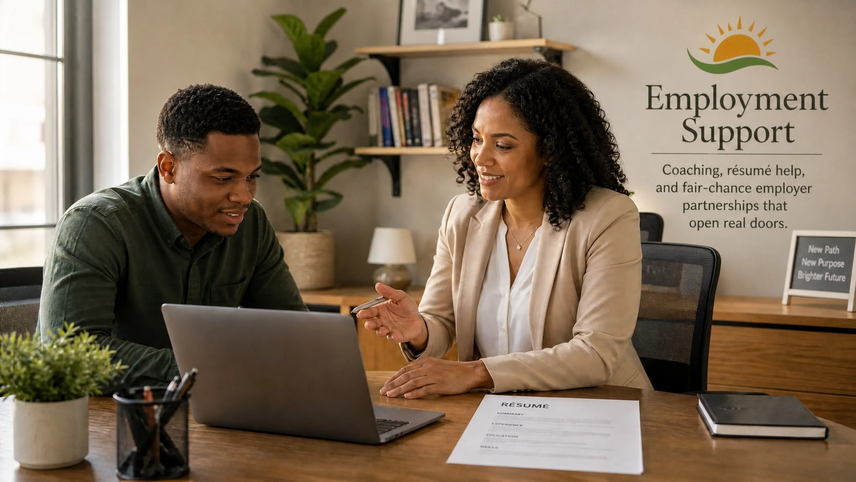 A person receiving job coaching at a bright, welcoming desk.
