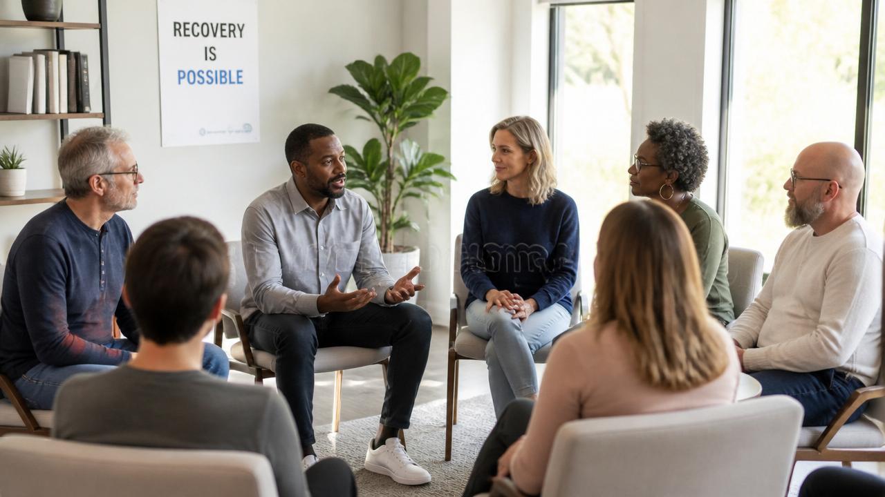 A diverse recovery support group meeting in a bright, welcoming room.