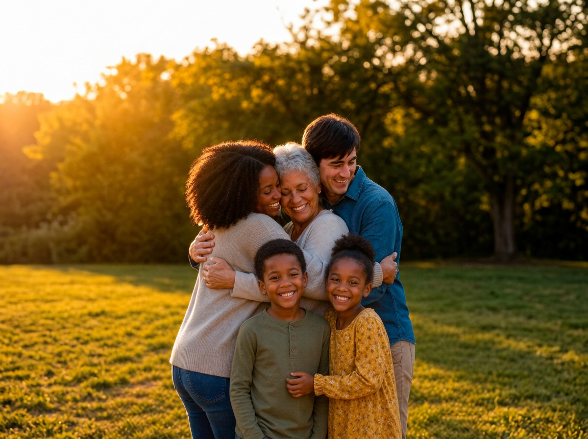 A family reconnecting warmly outdoors in golden light.