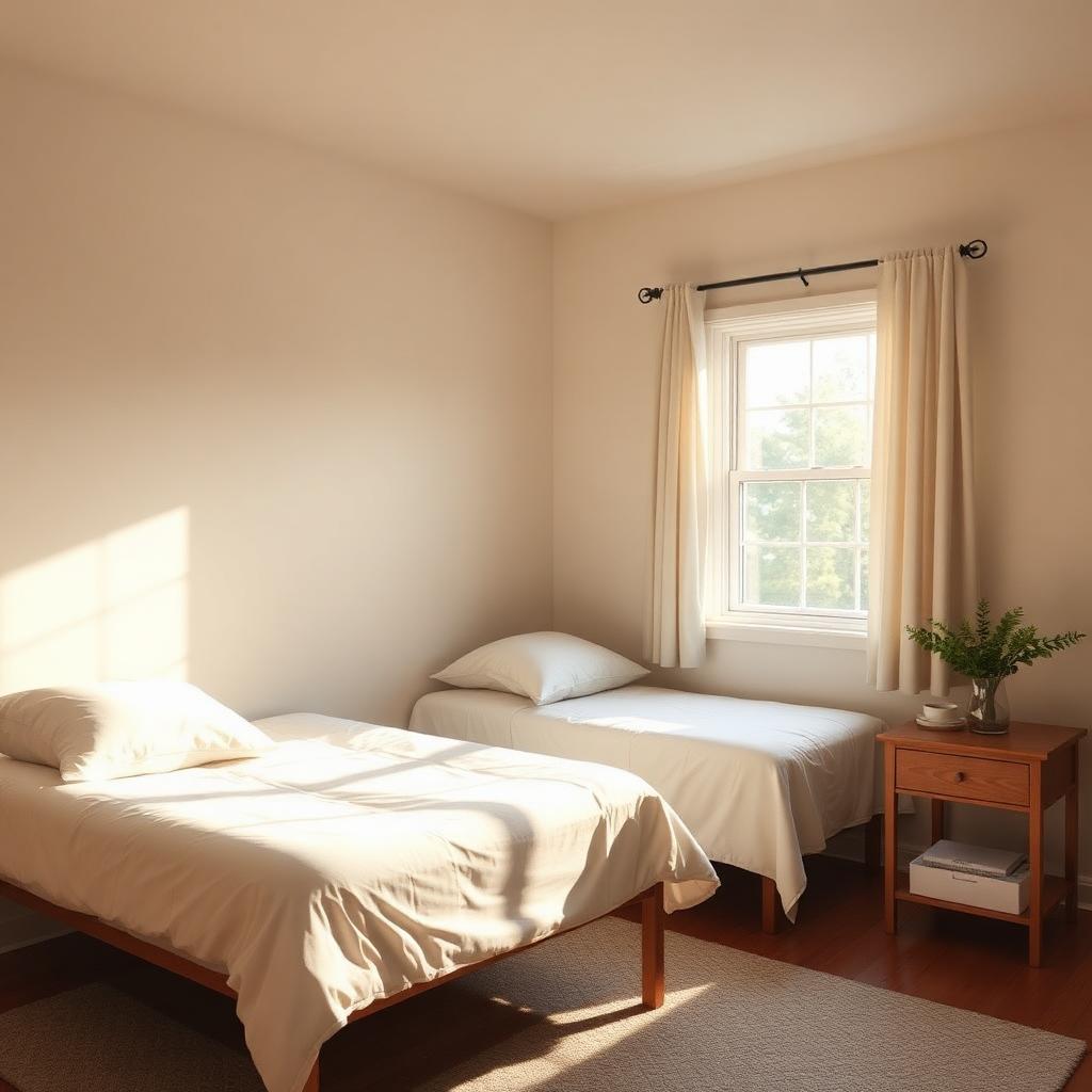 A bright, well-kept bedroom with two neatly made beds and warm natural light.