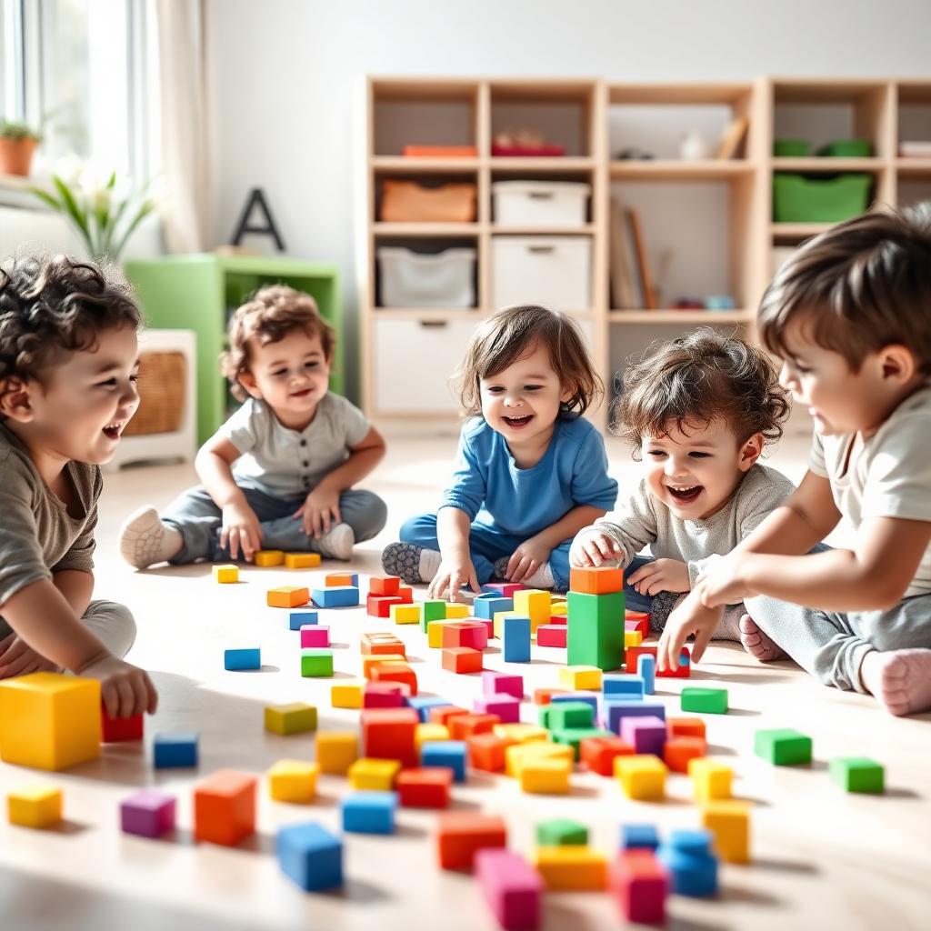 Diverse children laughing while playing with colorful building blocks on a playroom floor.