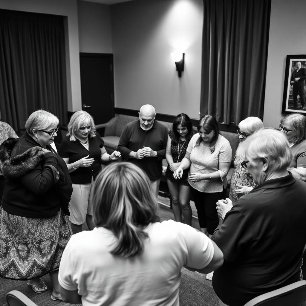 Black and white photo of a diverse recovery support group standing in a circle in a community room.