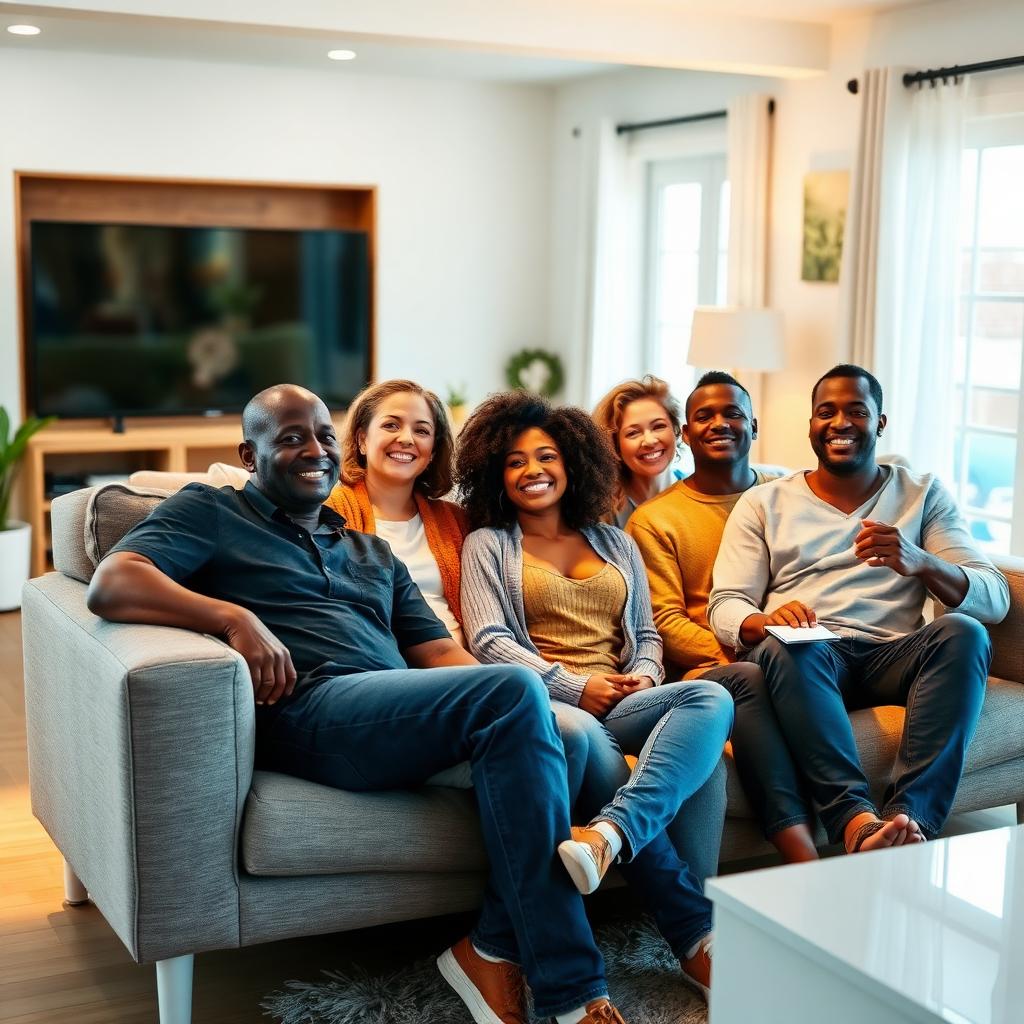 A diverse group of adults sitting together on couches watching television in a bright living room.