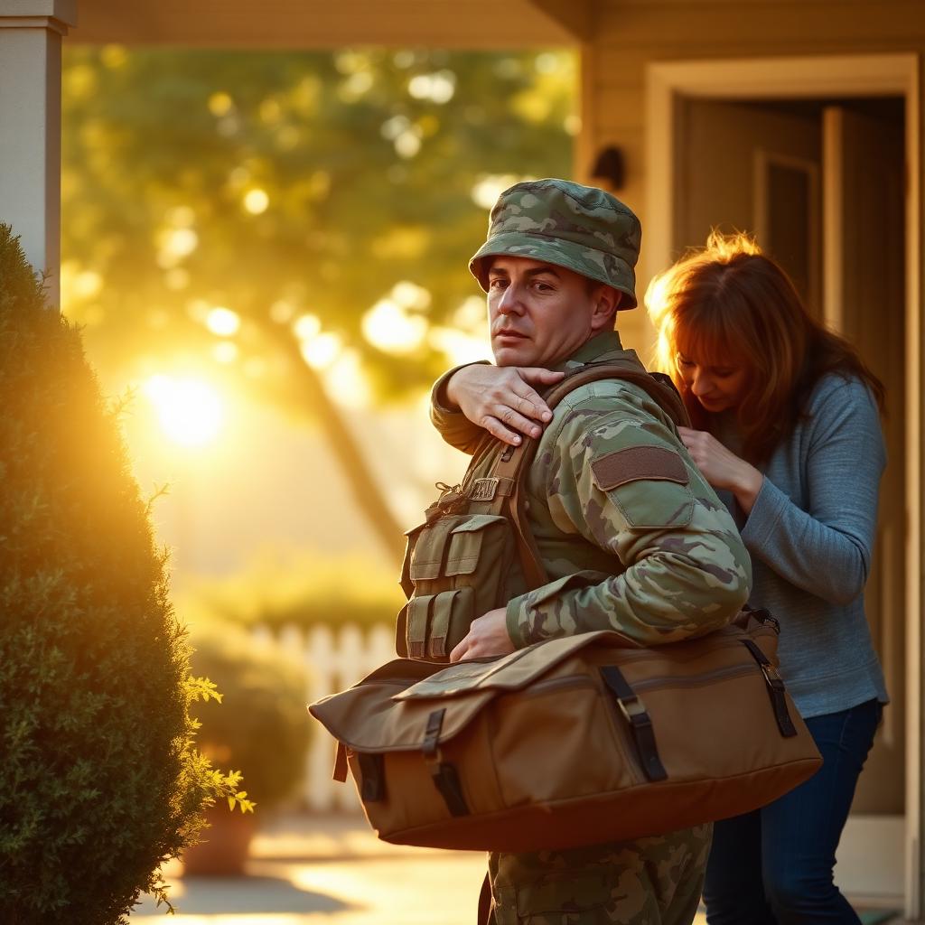 A tired soldier with a duffel bag being embraced by family at the front door in golden light.