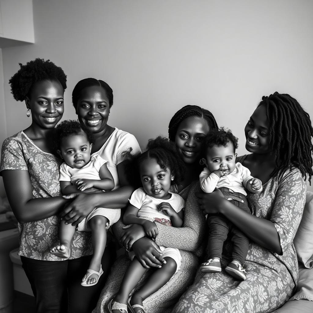 Black and white photo of diverse mothers holding their young children in a supportive recovery home.