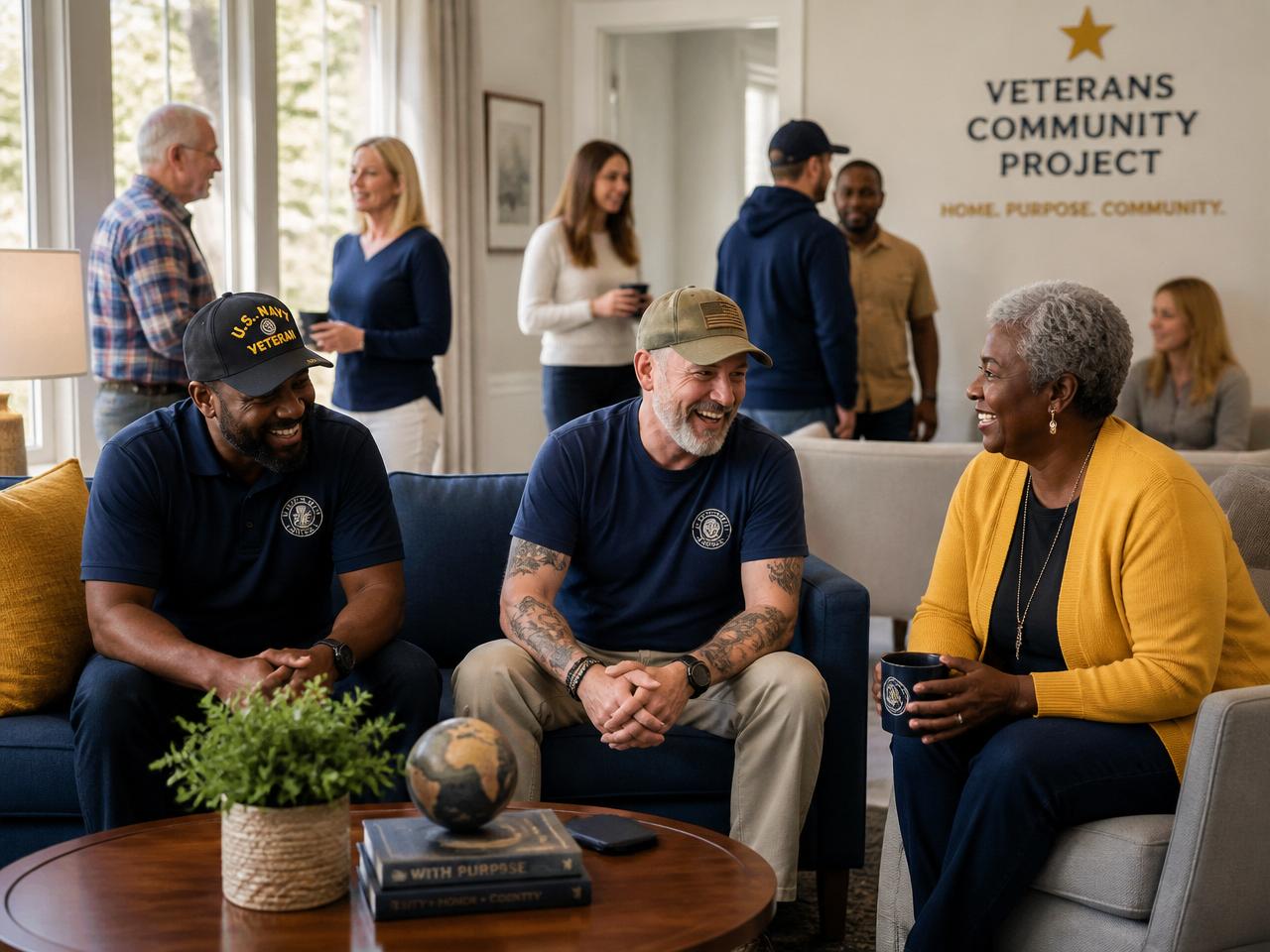 Veterans and community members gathered in a welcoming transitional living space.