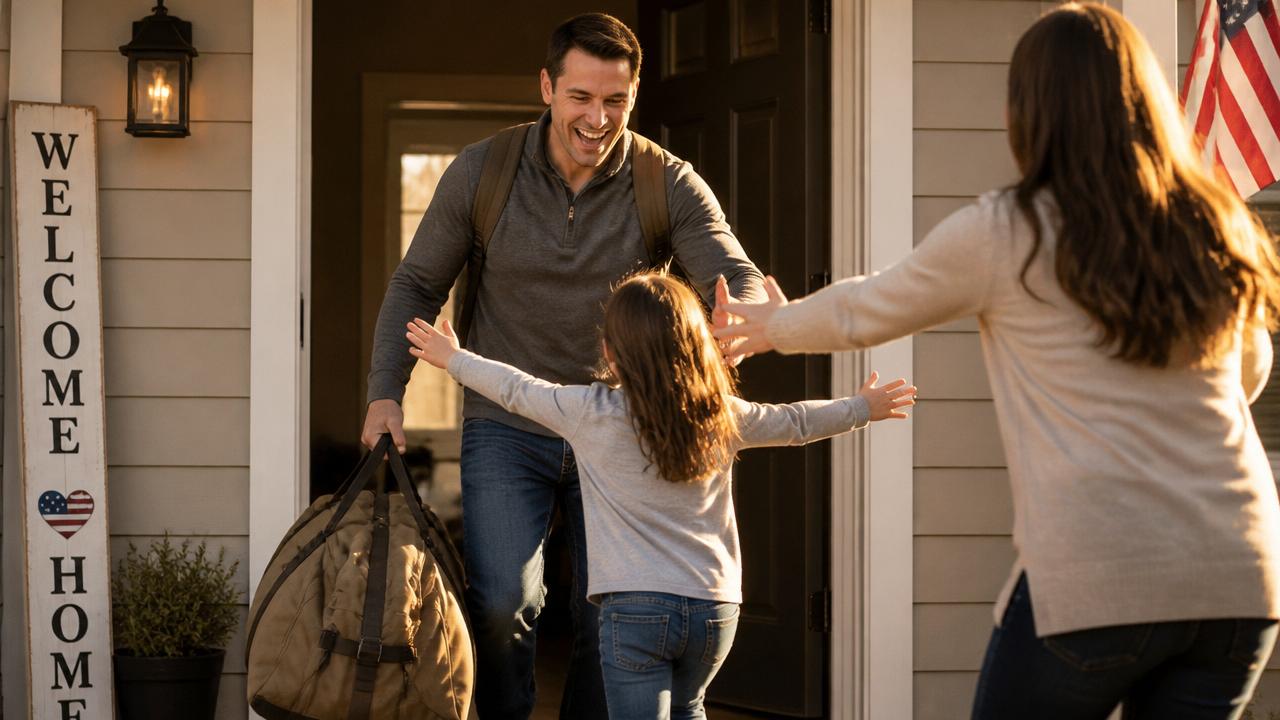 A veteran being welcomed home by family at the front door.