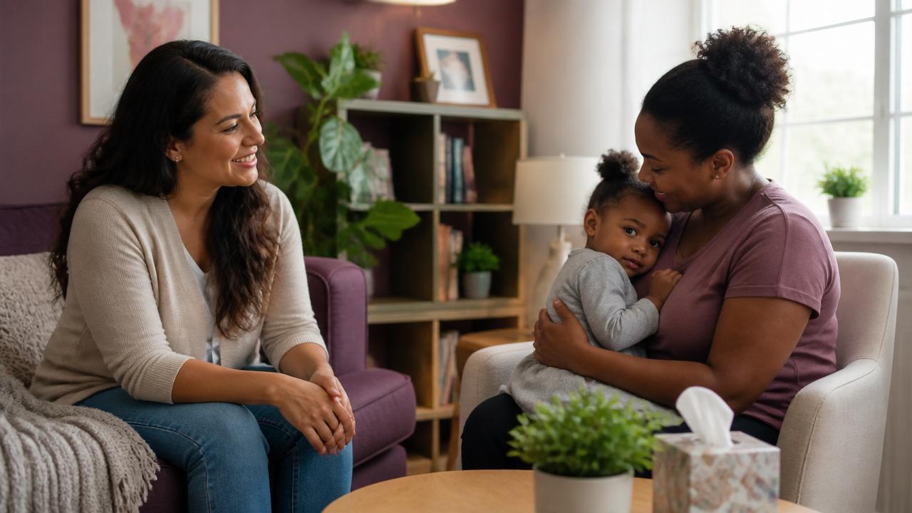 Women and children in a warm, supportive healing environment.
